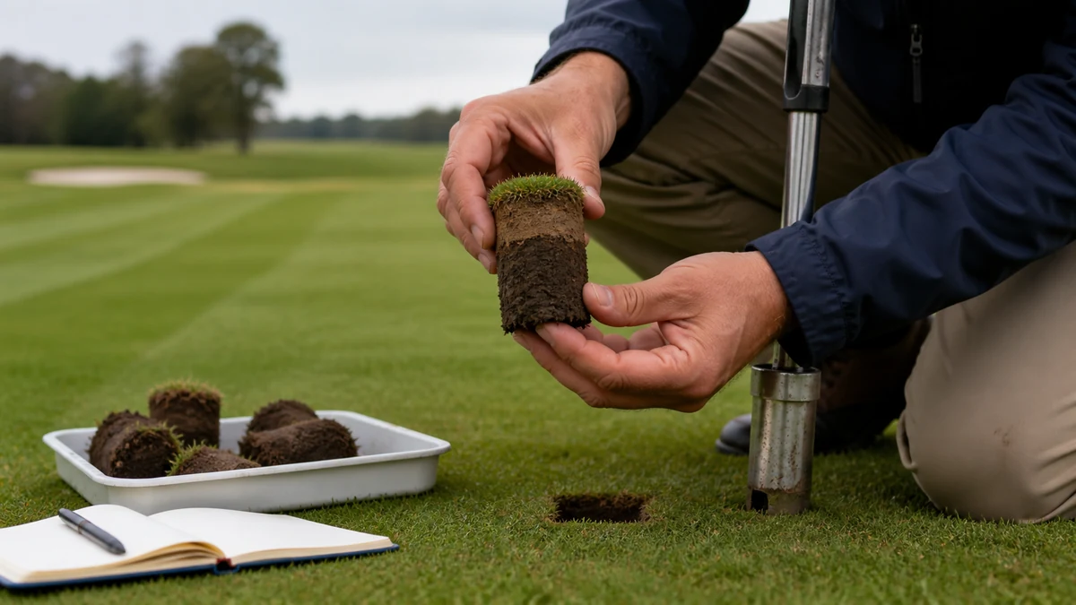 Extracción de un testigo de suelo y raíces en un campo de golf