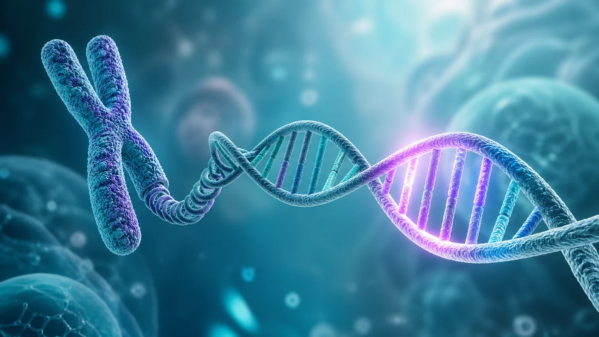 Genes y cromosomas representados en una doble hélice de ADN