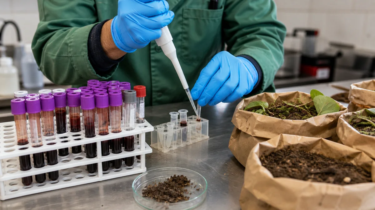 Muestras veterinarias, vegetales y de suelo preparadas para análisis de laboratorio