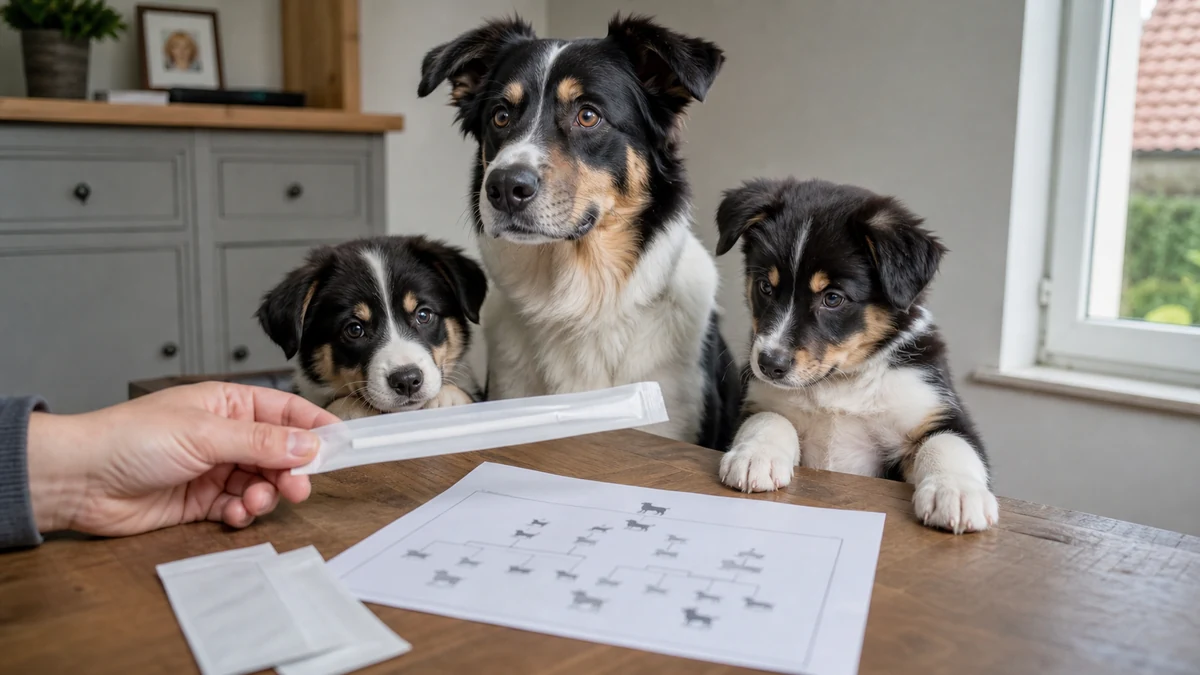 Perro adulto y cachorros durante la preparación de un test de paternidad canino